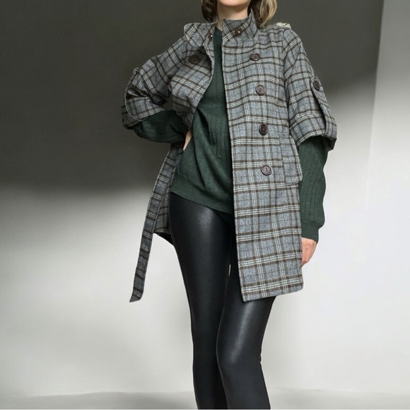 Y2K Hazel Plaid Double-Breasted Coat Women’s Small Boxy Sleeves Belted Mock Neck - Picture 1 of 11